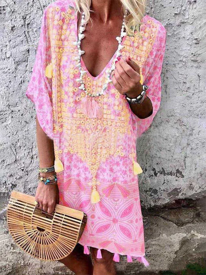 Uveng Bohemian Sexy V-neck Printed Tassel Dresses