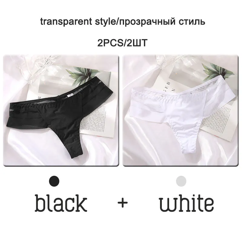 FINETOO 2Pcs/set Sexy Thongs Women Low Waist G-string Panties Fashion Hollow Out Seamless Underwear Perspective Underpants 2021
