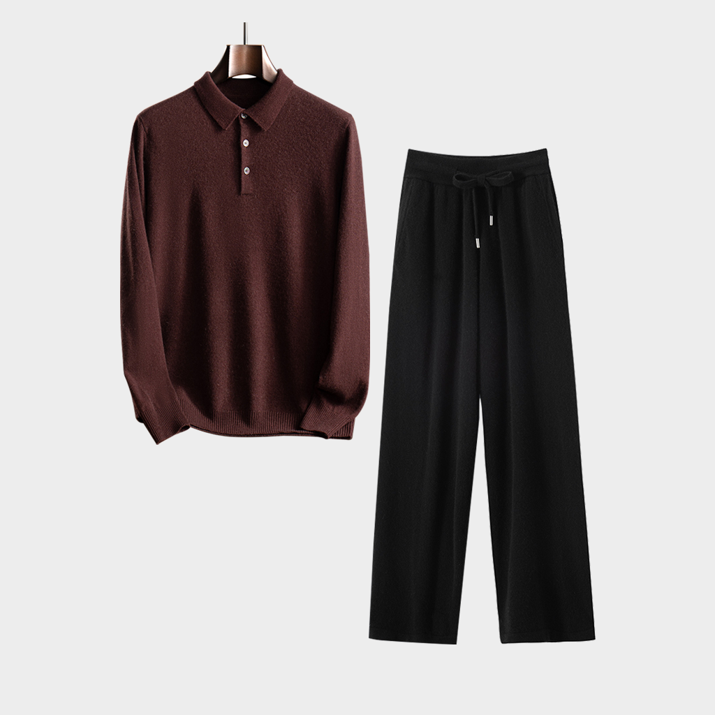 Men's Button-Down Collar Cashmere Sweater and Pants Set | Casual Wear REAL SILK LIFE