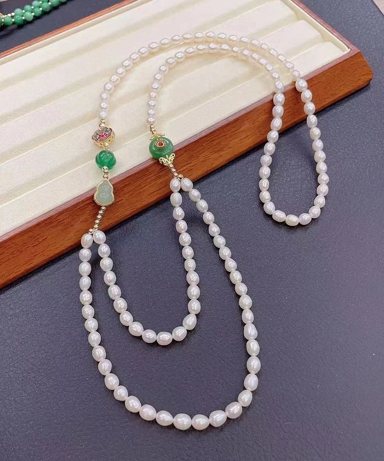 Original Handmade Natural Pearl Necklace Jade Patchwork