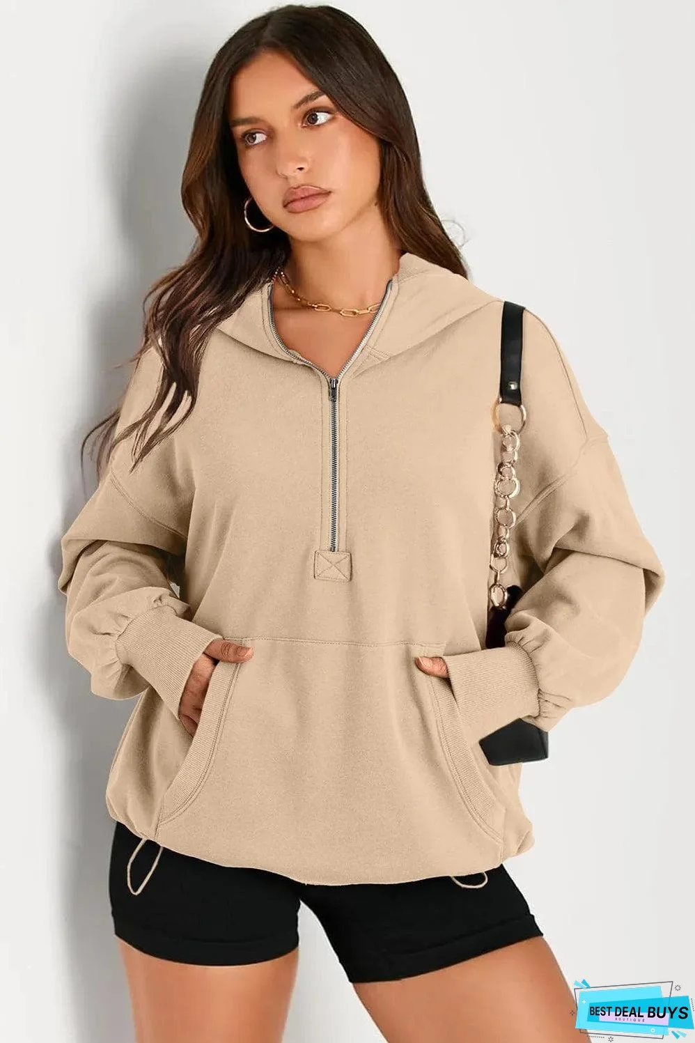 Parchment Solid Kangaroo Pocket Half Zipper Oversized Hoodie