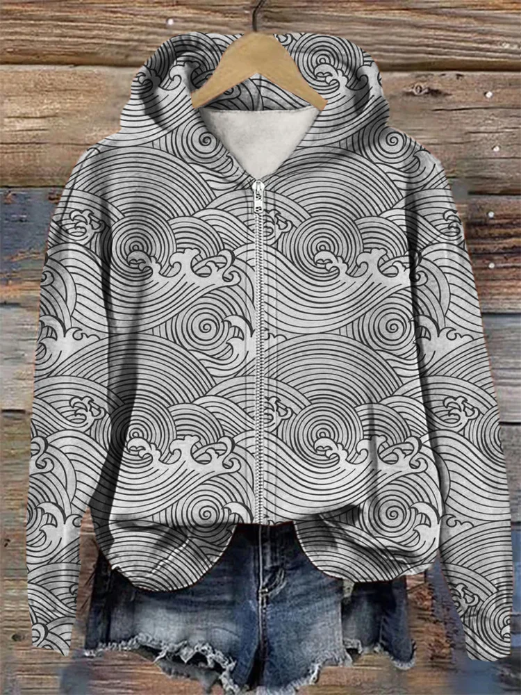 Sea Waves Japanese Art Comfy Full Zip Hoodie