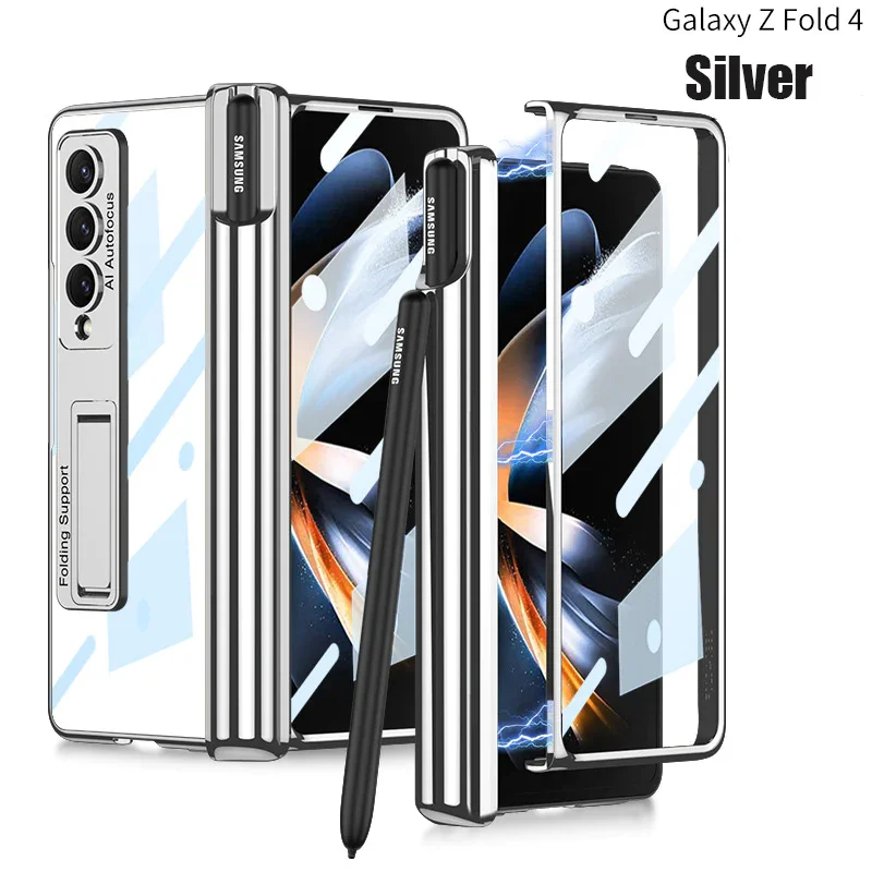 For Samsung ZFold4 Magnetic Hinge Folding Shell Film Electroplating Bracket Pen Slot Mobile Phone Case
