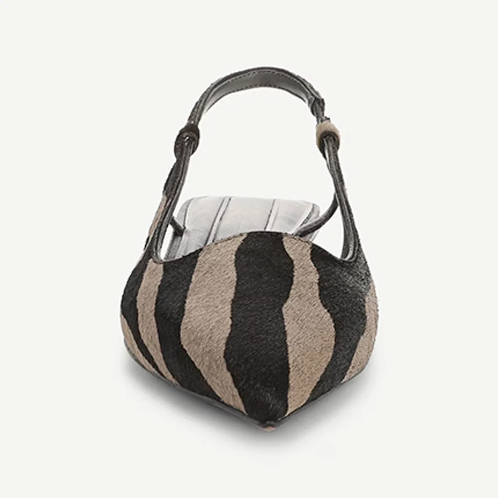 Grey & Black Zebra Print Stretch Pointed Toe Flats with Slingback