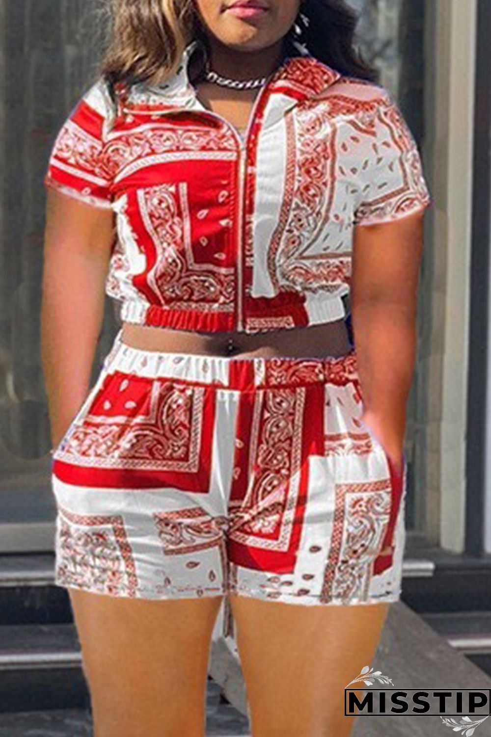 Blue Casual Print Patchwork Zipper Collar Short Sleeve Two Pieces