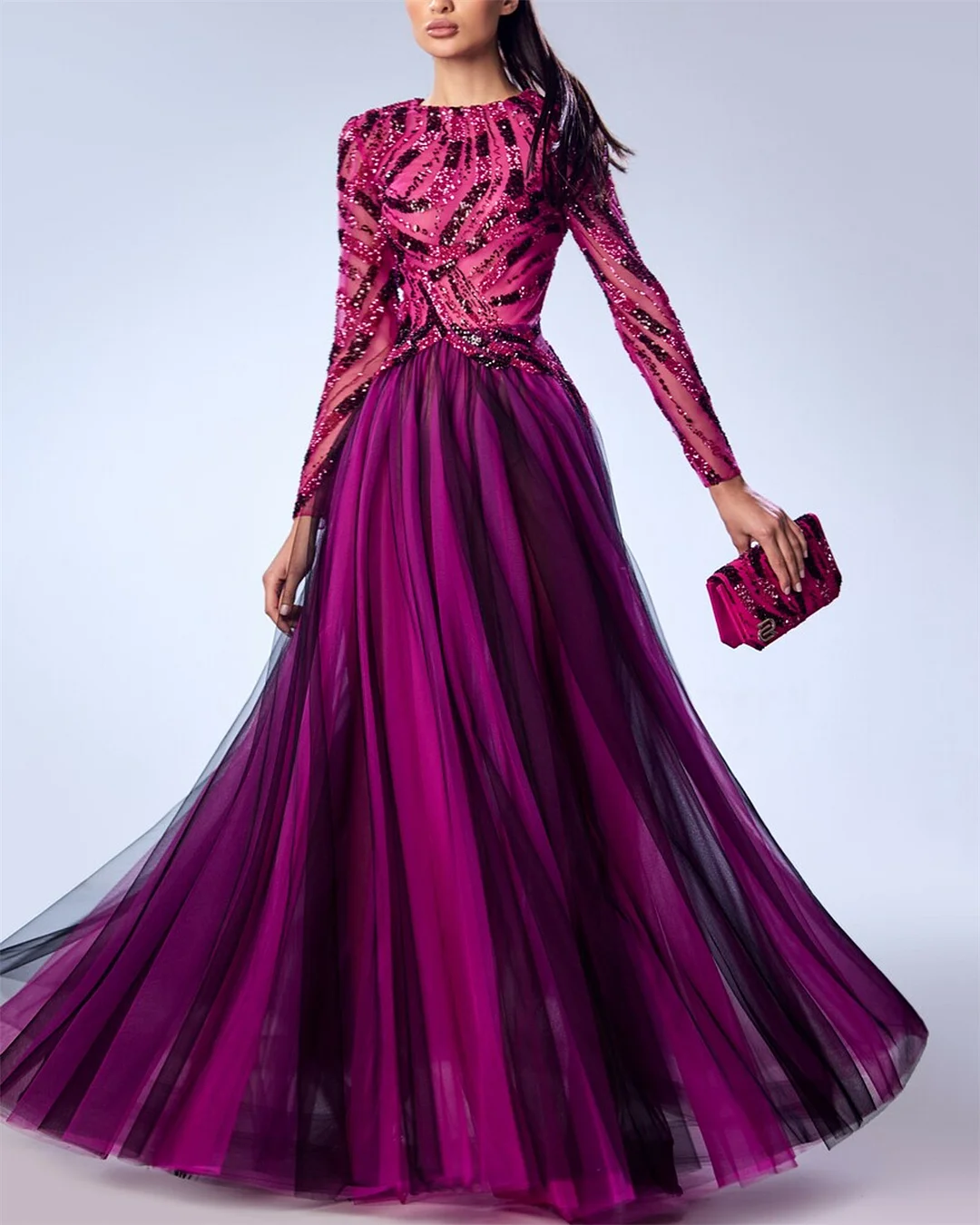 Women's Round Neck Long Sleeve Sequin Mesh Dress