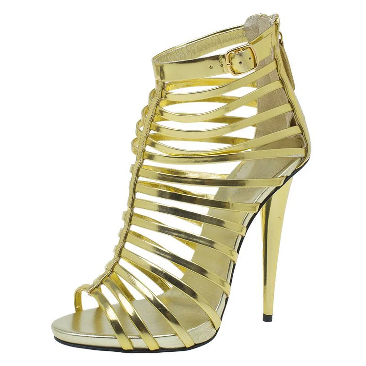 Custom Made Gold Metallic Cone Heel Caged Sandals |FSJ Shoes