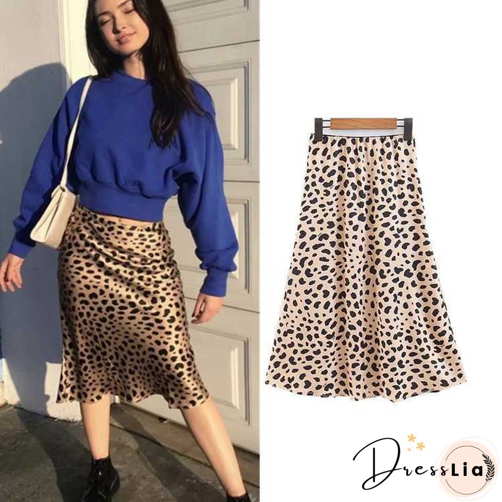 Retro Elastic Band High Waisted Leopard Print Satin Midi Skirt