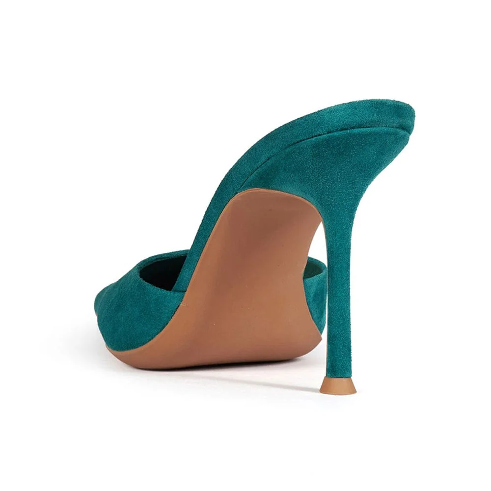Teal Vegan Suede Pointed Toe Slip-On Stiletto Heeled Mules