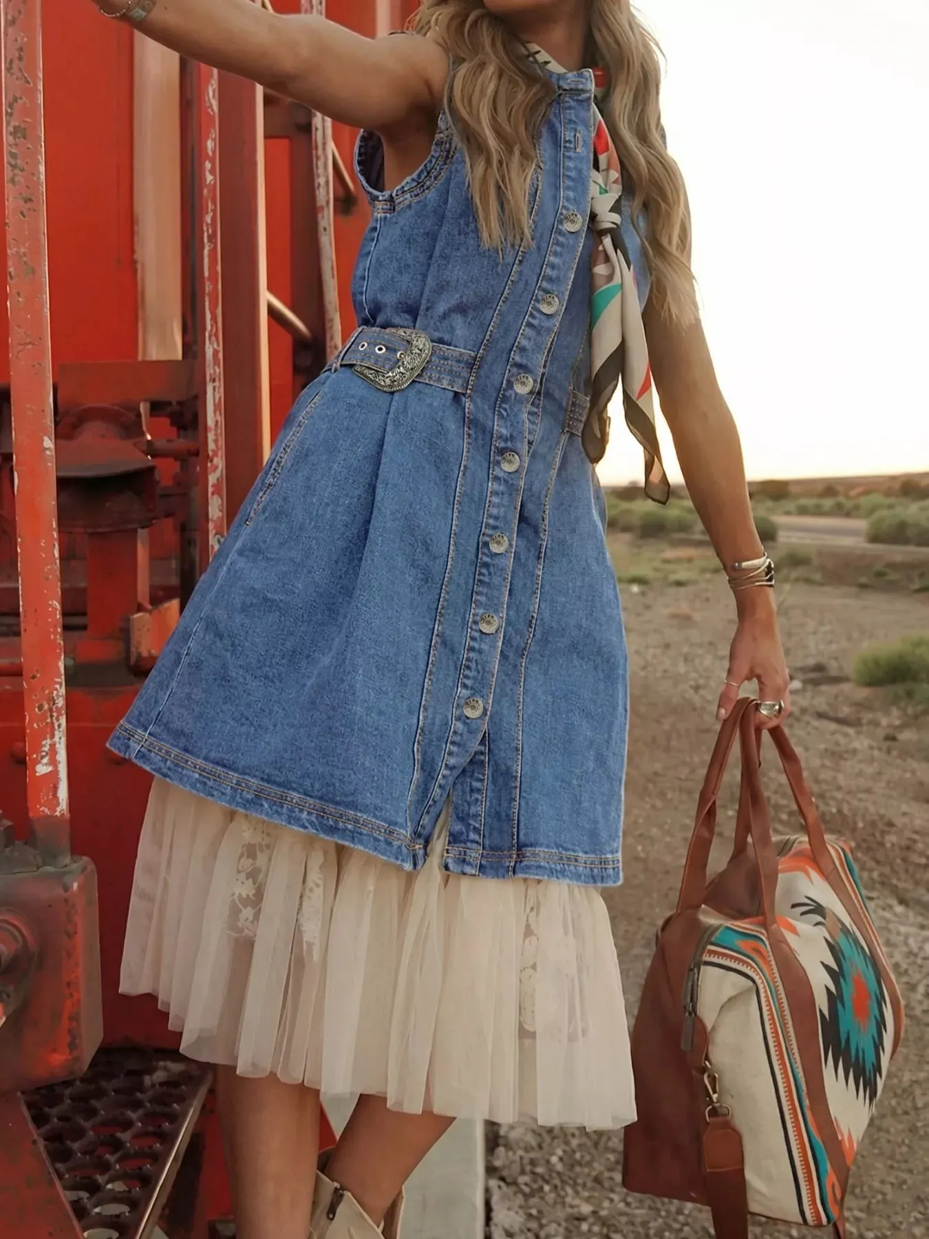 Western Belt Button Down Sleeveless Denim Short Dress mysite idetrend