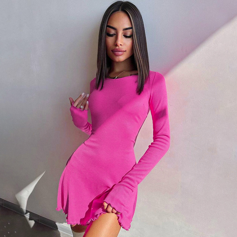 Ootddress Bandage Ruffled High Waist Mini Dress For Women Long Sleeve Fashion Lace-Up Solid Patchwork Autumn 2025 Bodycon Dress New