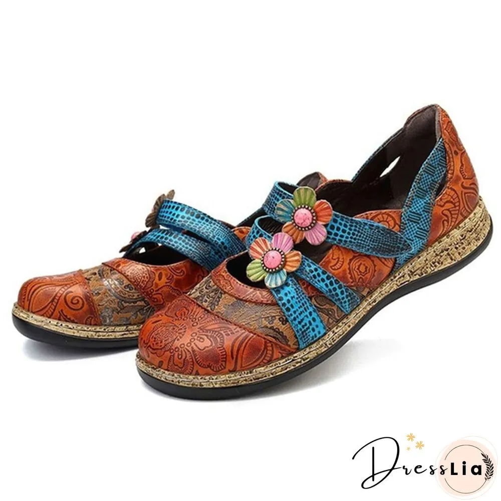 Womens Retro British Floral Leather Sandals Color Stitching Shackles Stripes 