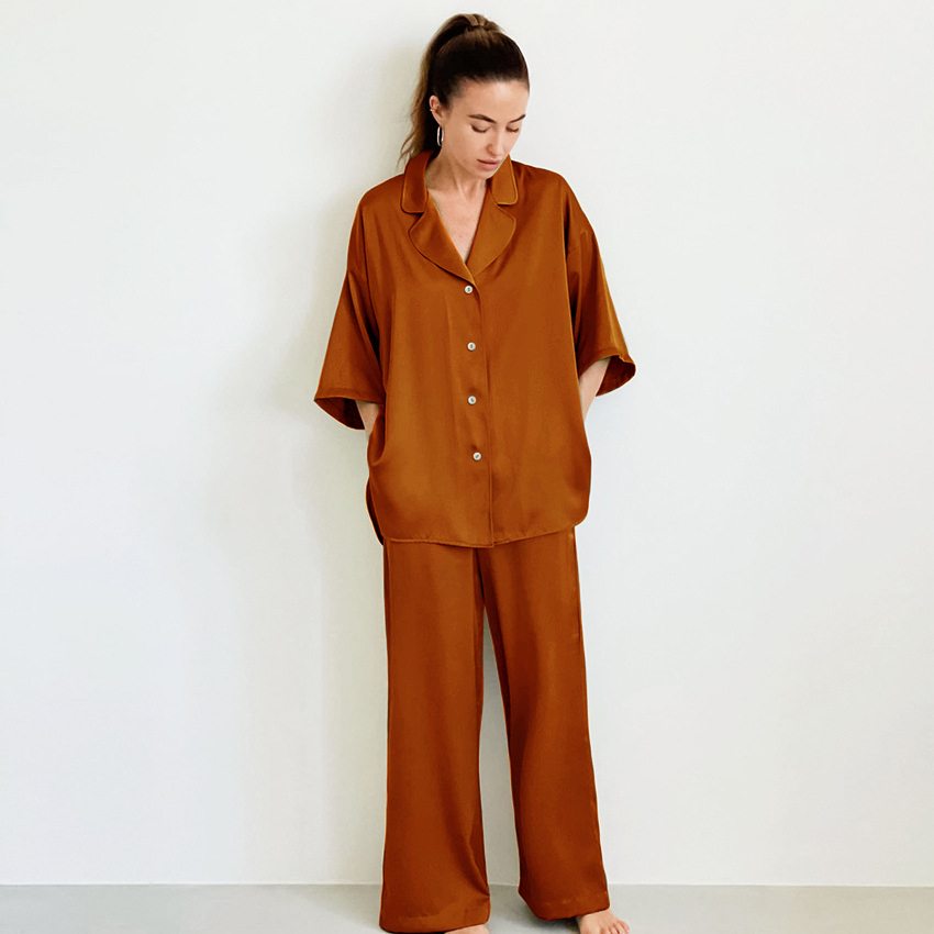 22 Momme Oversized Mulberry Silk Pajamas Orange Silk Pajamas