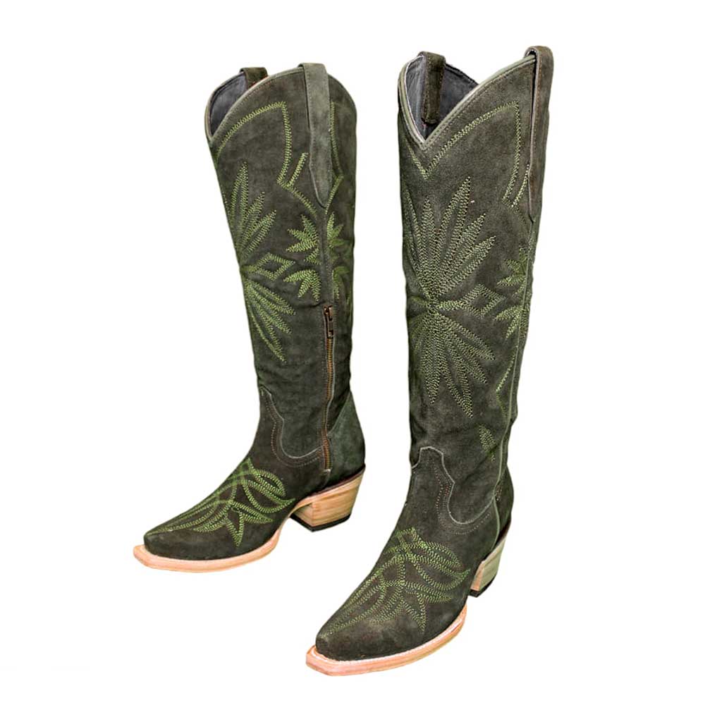 Olive Embroidered Snip Toe Chunky Heel Cowgirl Tall Boots with Zipper Nicepairs