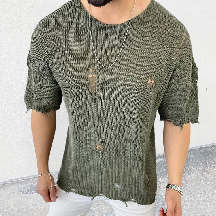 Men's Round Neck Short Sleeve Hollow Pullover Sweater