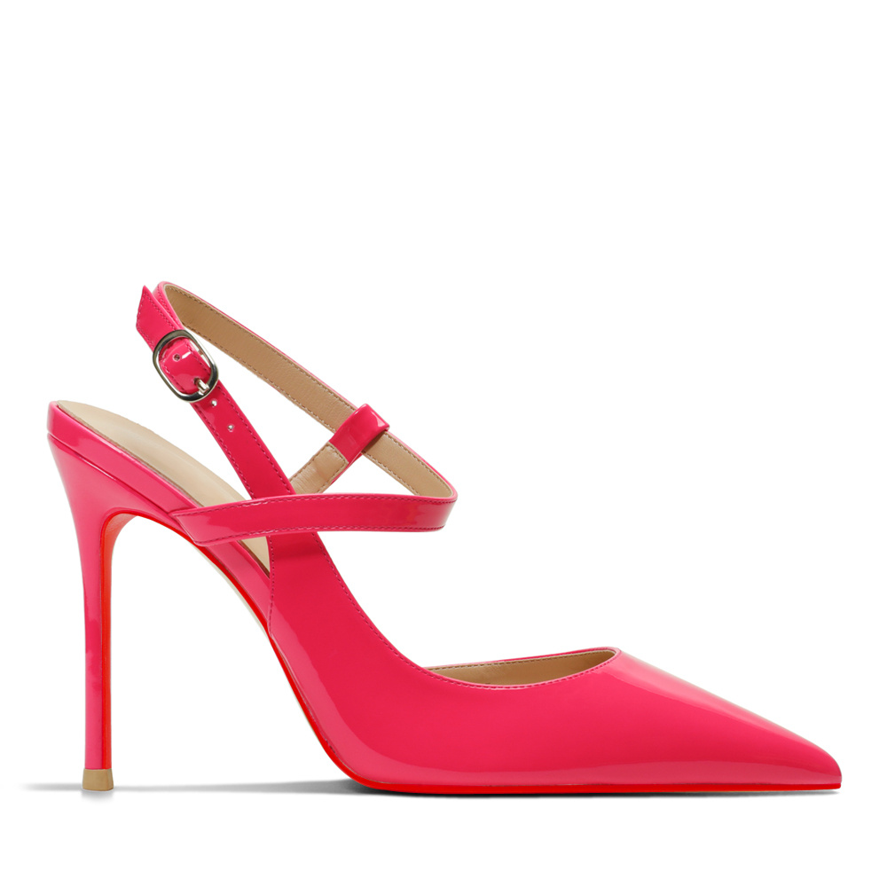 100mm Women Slingback Pumps Ankle Strap Jenlove Stiletto Mid Heel Close Pointed Toe Dress Red Bottoms Shoes-MERUMOTE