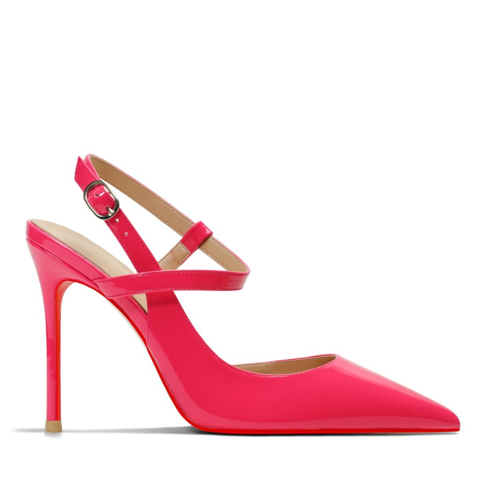 100mm Women Slingback Pumps Ankle Strap Jenlove Stiletto Mid Heel Close Pointed Toe Dress Red Bottoms Shoes-MERUMOTE