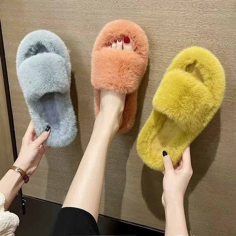 Breakj Breakj Hairy Slippers Women 2025 Autumn And Winter New Hairy Home Outside The Bottom Of The Wearing Plush Slippers