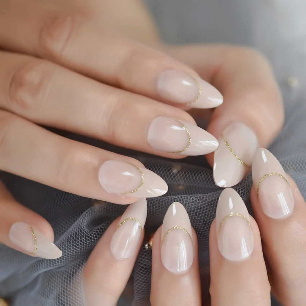 Elegance Beige False Nails Natural Medium Stiletto French Fingernails Gold Smile Line Designed Manicure Tips 513-1