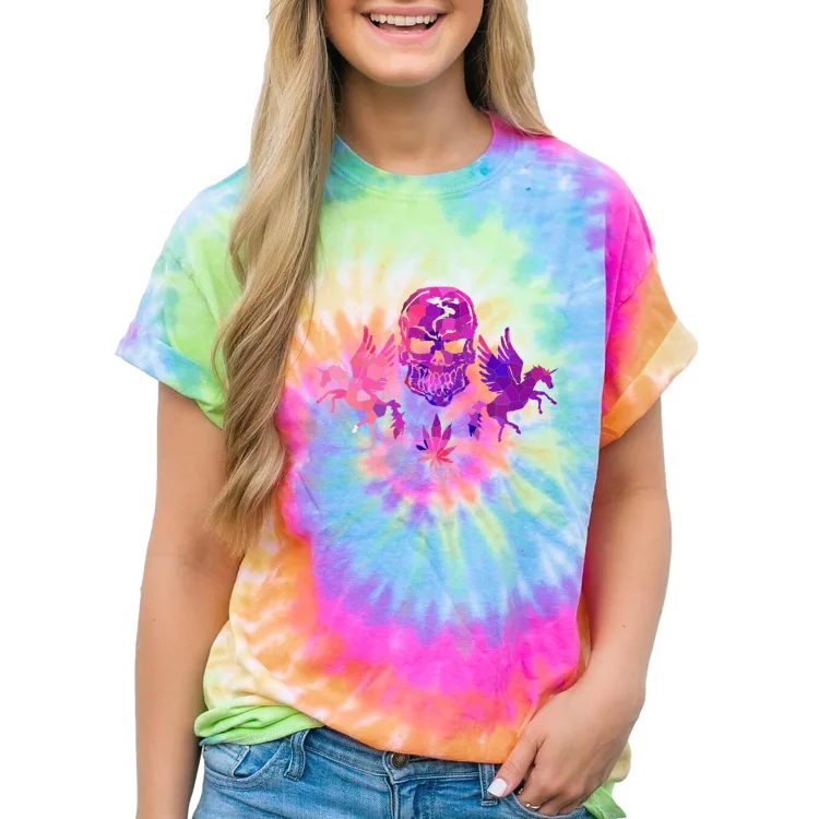 Women and Men Tie Dye Tee Pink Mosaic Skull Unicorn T Shirt - Heather Prints Shirts