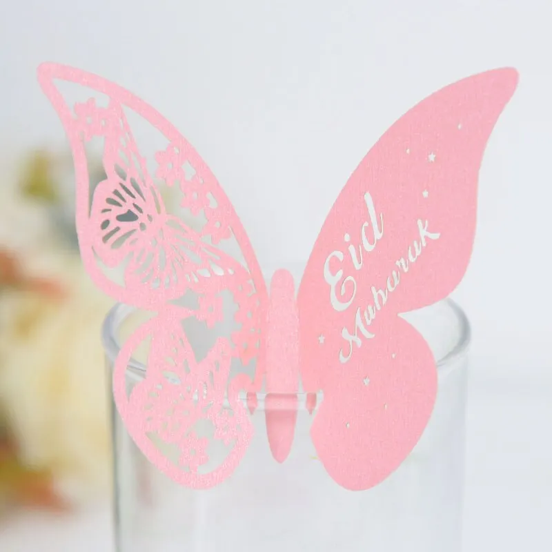 20pcs Eid Mubarak Hollow Butterfly Cup Cards Paper Name Place Seats Card Muslim Islamic Party Dessert Cake Decor Ramadan Kareem