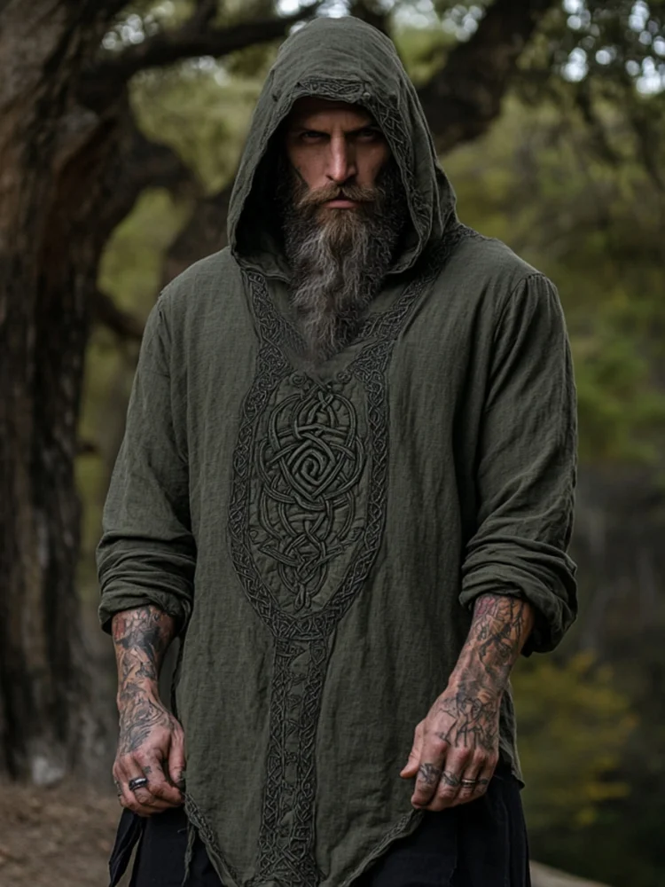 Men's Viking Tribal Jacquard Celtic Inspired Linen Hooded Shirt / Rvogue / Rvogue