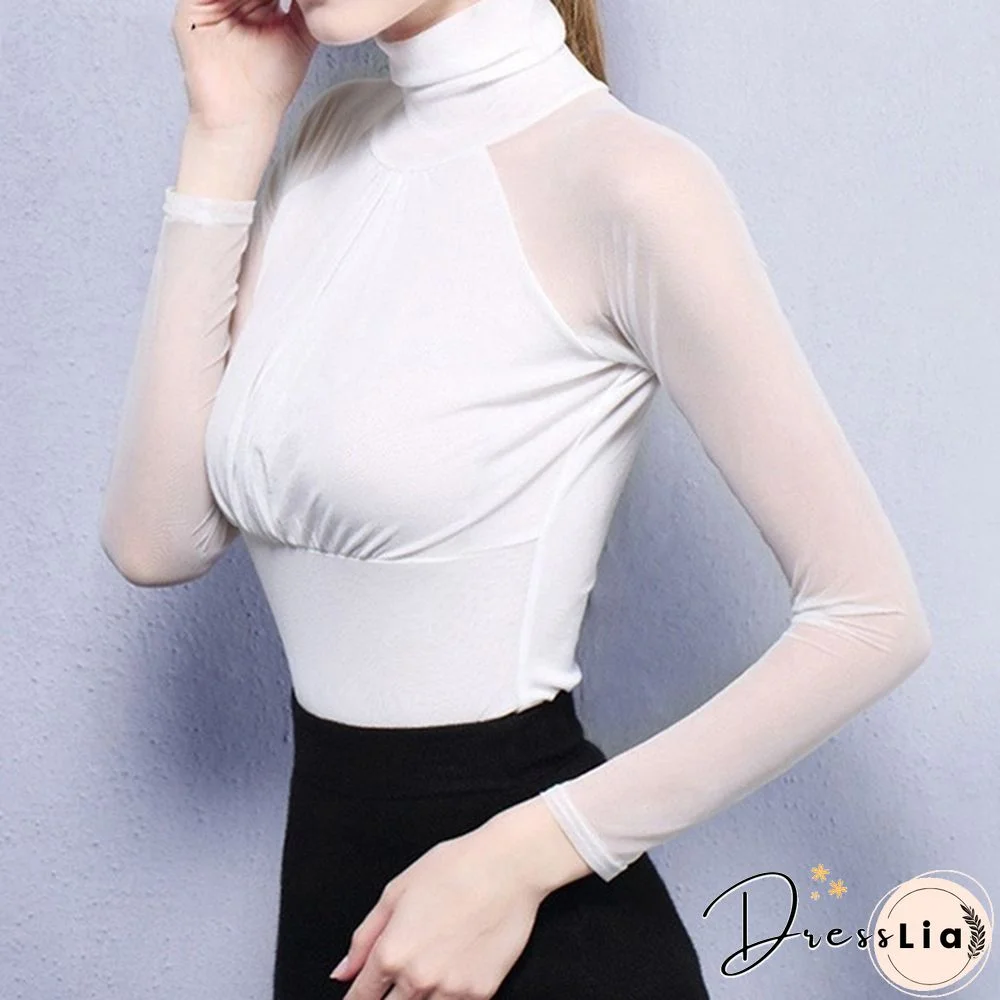 New Fashion Lady Blouse Lace Mesh Turtleneck Long Sleeves Slim Thin Patchwork Spring and Autum Shirt