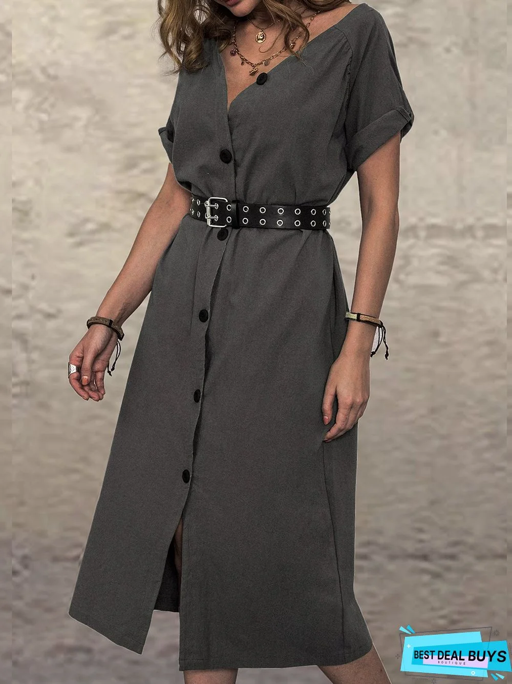 Short Sleeve V Neck Cotton-Blend Casual Weaving Dress