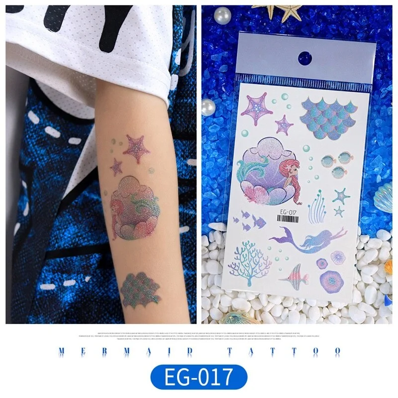 12 kinds Glitter Powder Temporary Tattoo Cartoon Mermaid Ocean Stickers tatouage temporaire Disposable Party Makeup