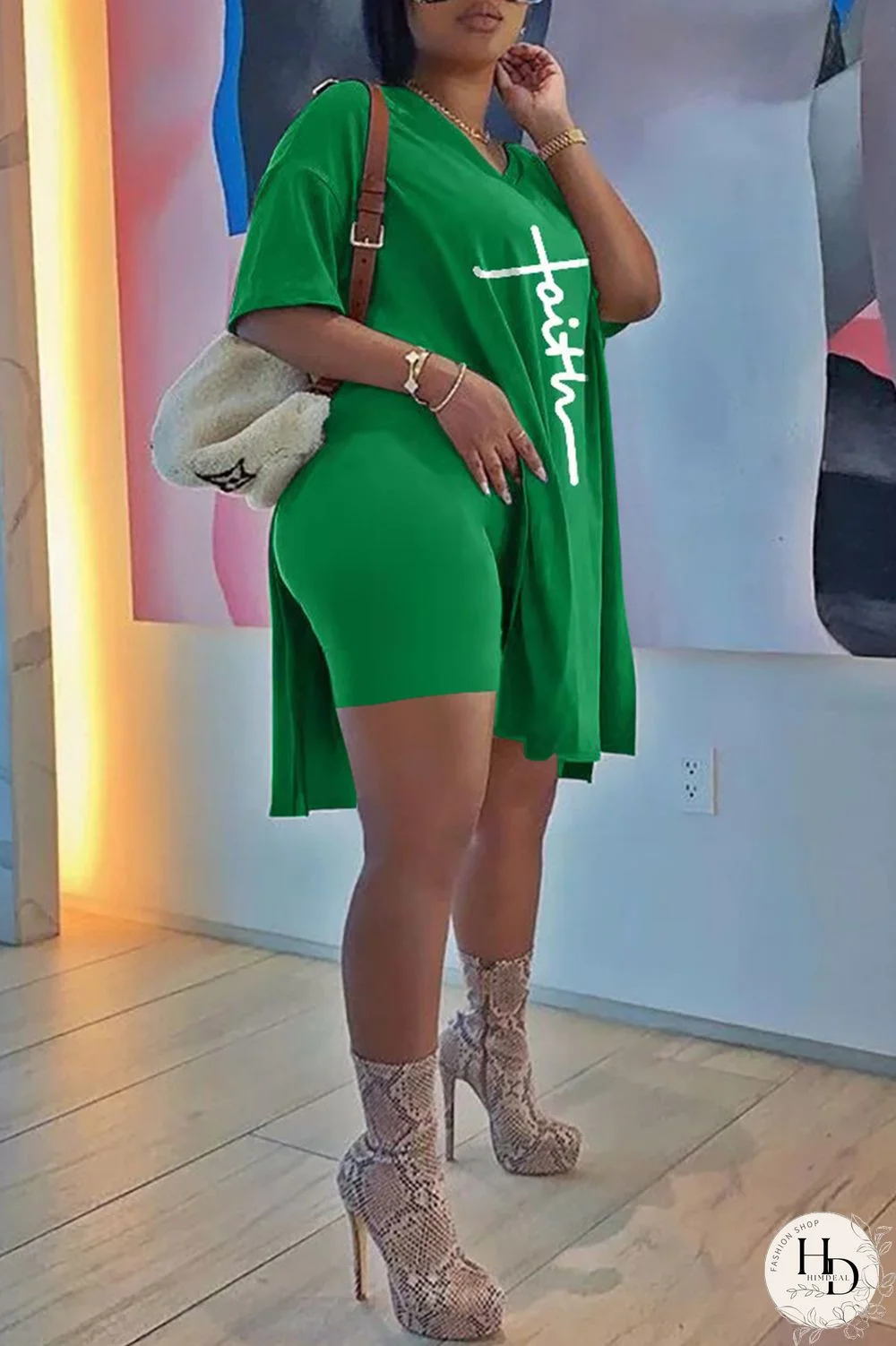 Blue Fashion Casual Print Slit V Neck Plus Size Two Pieces