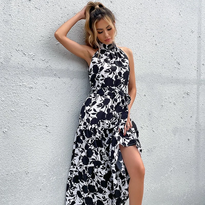 Summer New European and American Printed Open Neck Dress with Suspender