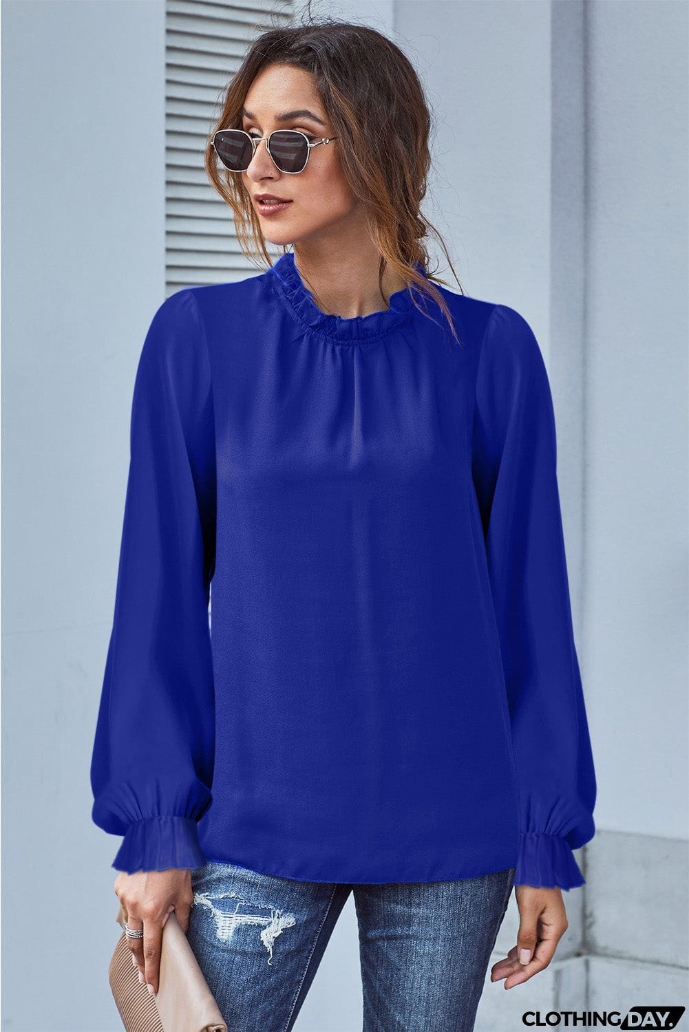Frilled Mock Neck Balloon Sleeve Blouse