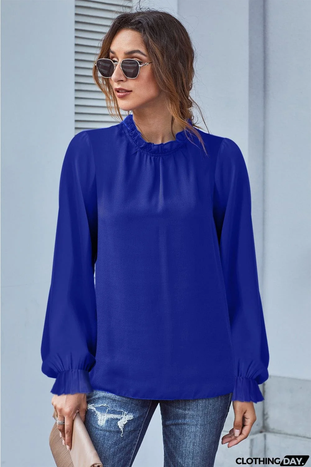 Frilled Mock Neck Balloon Sleeve Blouse