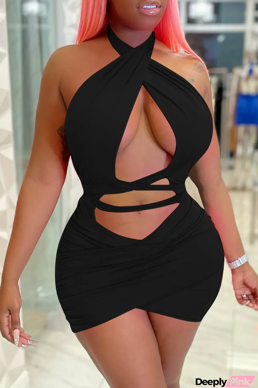 Black Fashion Sexy Solid Hollowed Out Backless Halter Sleeveless Dress