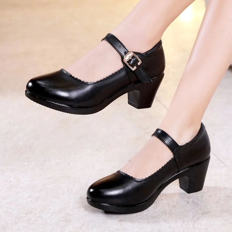 Tanguoant Size 33-43 Women's Platform Shoes Square Heel Spring 2022 Black White Red Soft Leather Med Heels Pumps Office Mother Dance