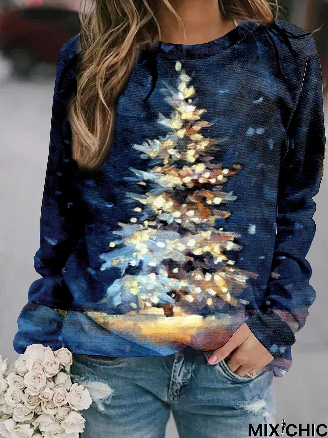 Casual Abstract Christmas Tree Crew Neck Sweatshirt