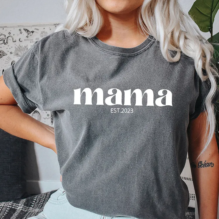 Personalised Chest Text Customization Mama Est Year T-shirt, with Children's Names on the Sleeve, Mother's Day Gift