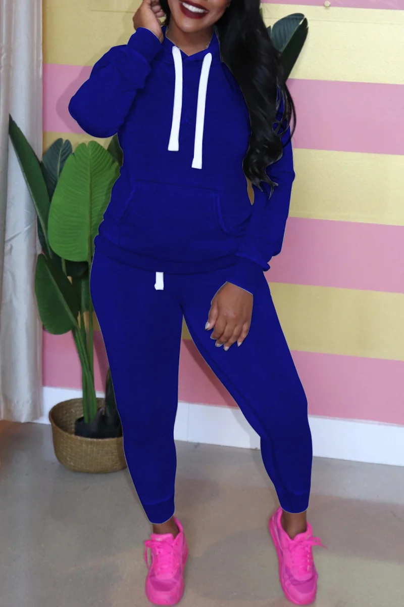Blue Casual Solid Patchwork Hooded Collar Plus Size Two Pieces
