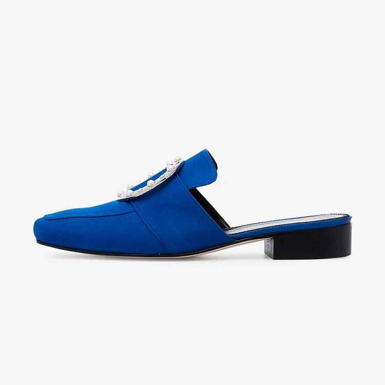 Blue Circle Metal Rhinestone Pearl Embellished Mule Loafers for Women |FSJ Shoes