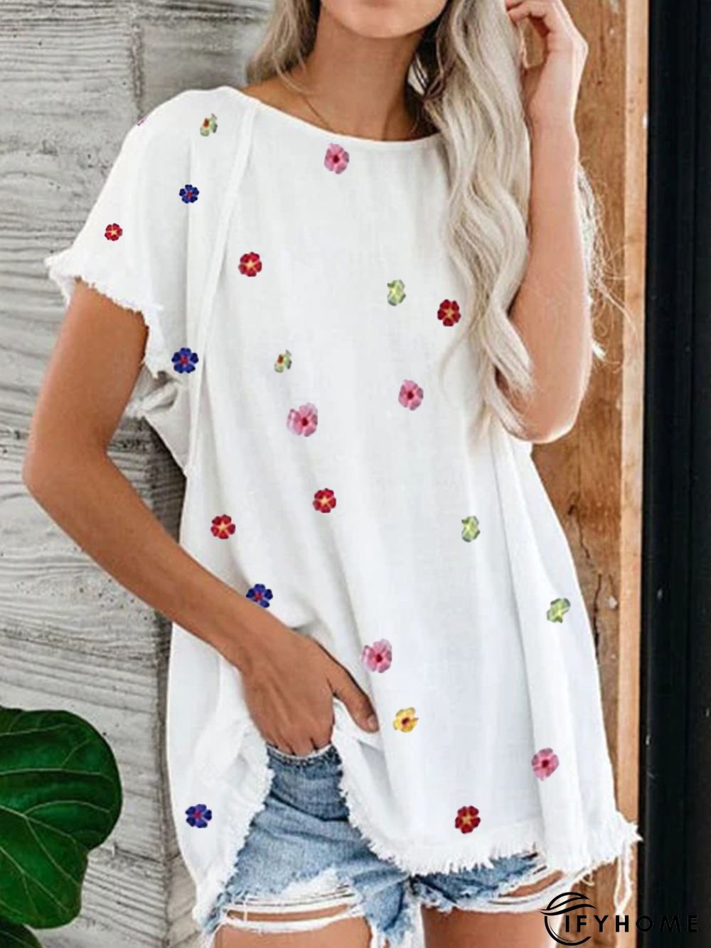 Crew Neck Floral Cotton-Blend Fit T-Shirts | IFYHOME