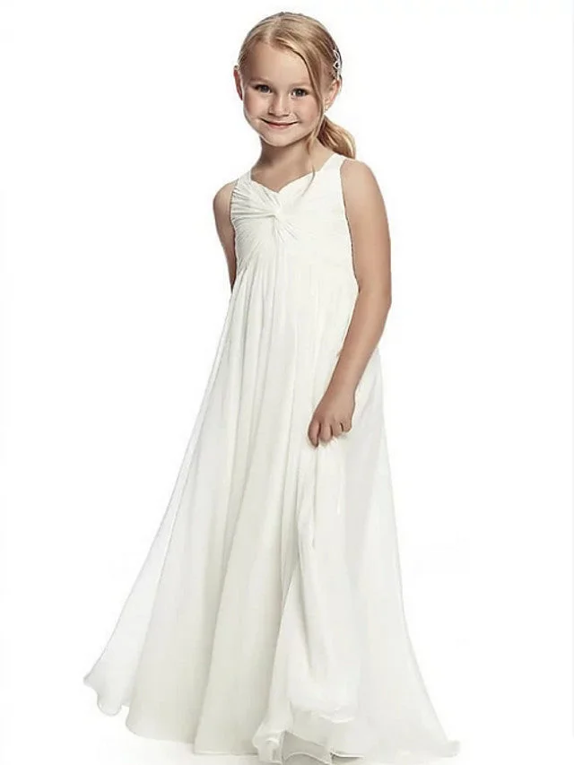 A-Line Round Neck Floor Length Chiffon Junior Bridesmaid Dress With Side Draping / First Communion