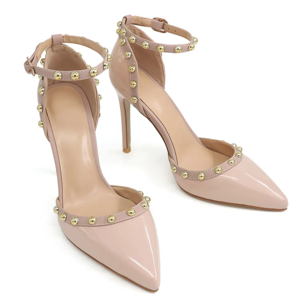 100mm Womens Pointed Toe Pumps Golden Round Rivets Ankle Nude Strap Sandals-vocosishoes