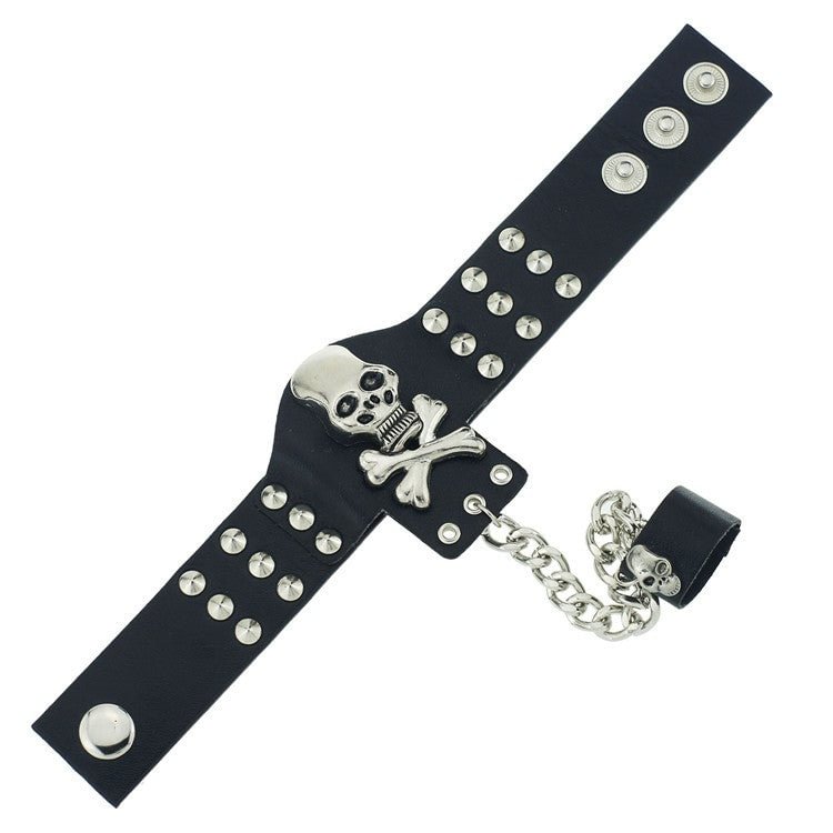 YOY-Gothic Skeleton Black Leather Punk Bangle Bracelet