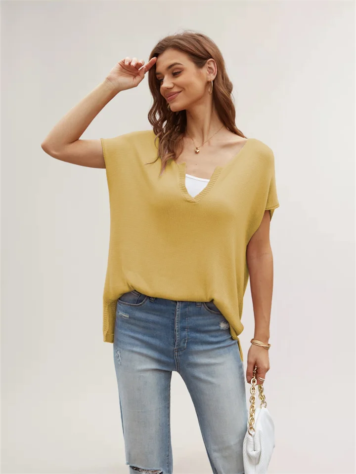 Summer Women's New V-neck Solid Color Open Short-sleeved Loose Large Size Pullover Knit Sweater-Cosfine