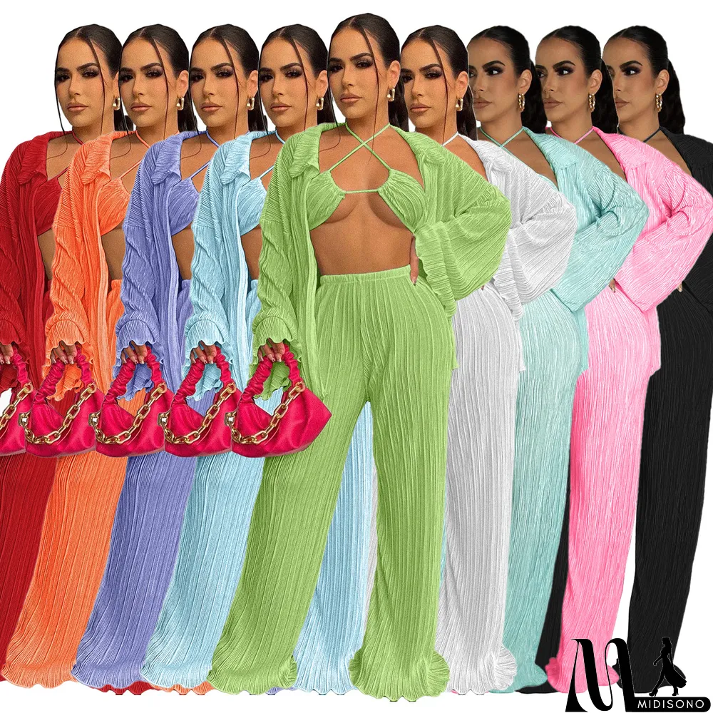 MidiSono - Fall Solid Color Wide Leg Pants Three-Piece Set