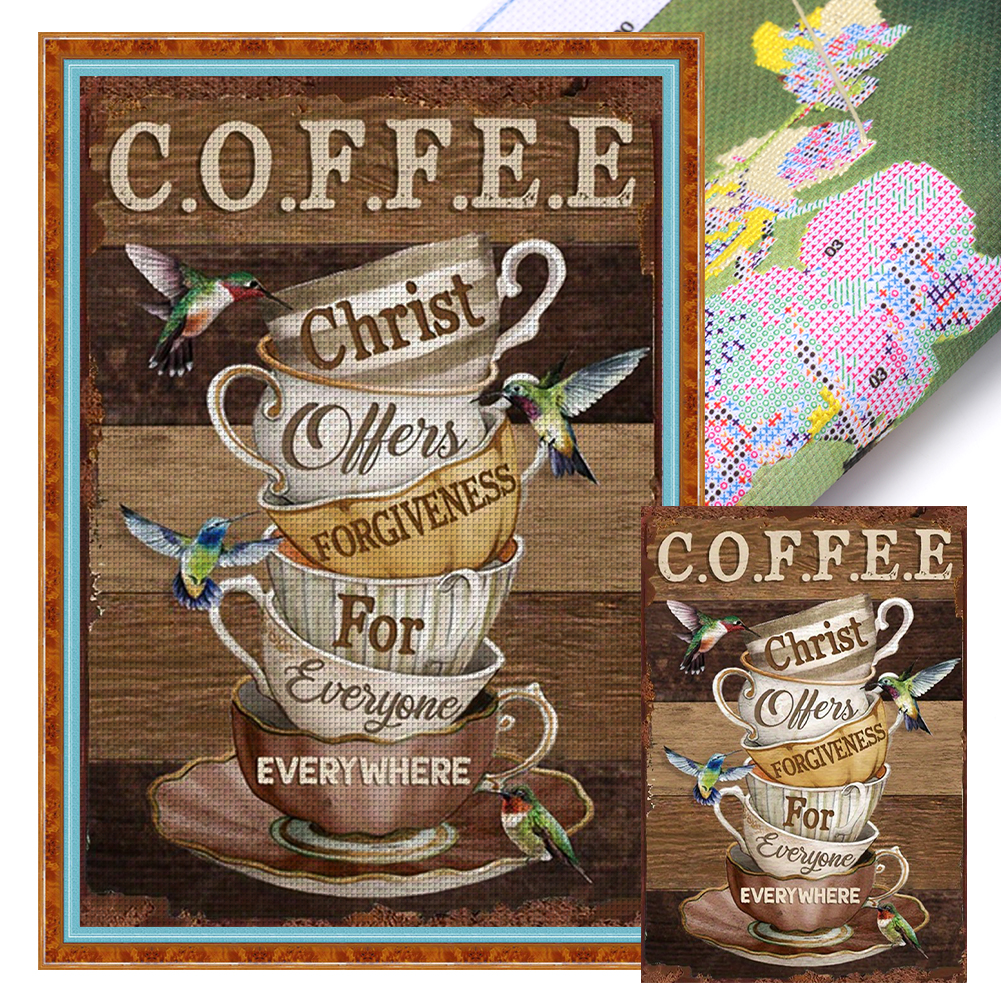 Vintage Poster-Coffee Cup Hummingbird Full 11CT Pre-stamped Canvas(40*60cm) Cross Stitch