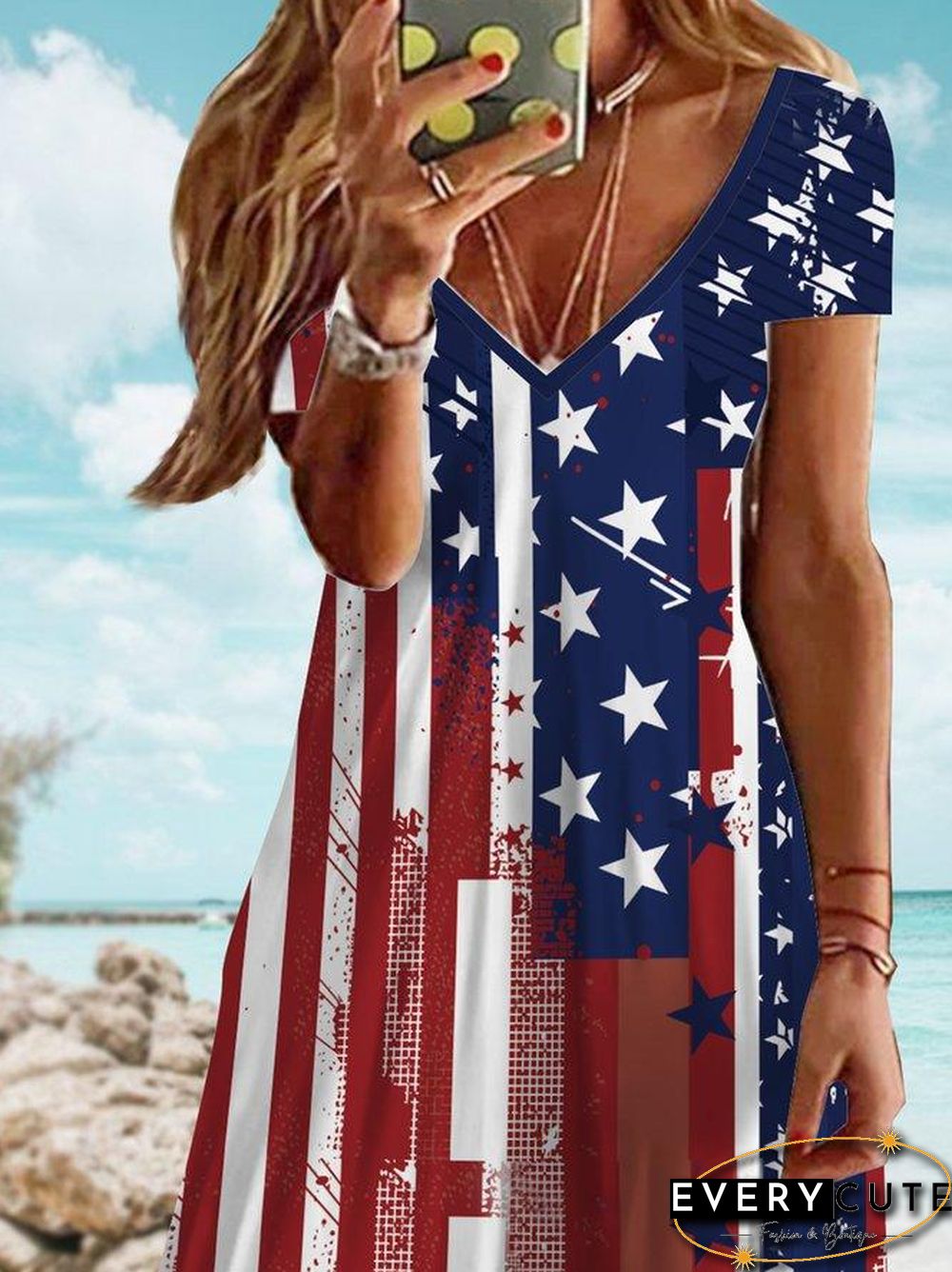 Deep V Neck Flag Printed Beach Dress