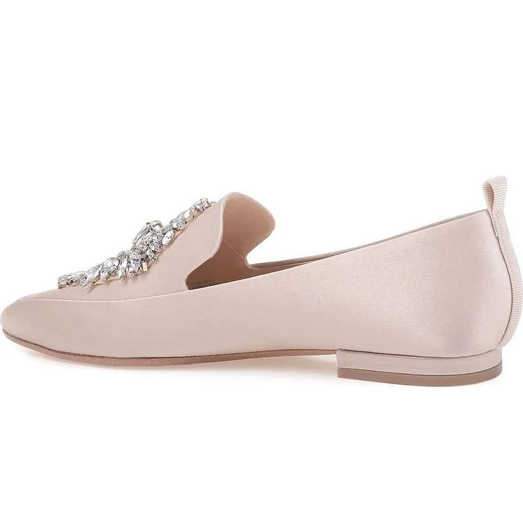 Pink Rhinestone Satin Loafers Comfortable Flats Vdcoo