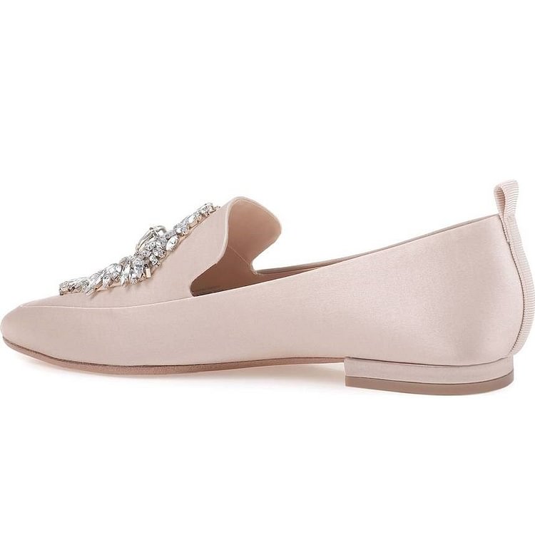 Pink Round Toe Rhinestone Comfortable Flats Satin Loafers for Women |FSJ Shoes