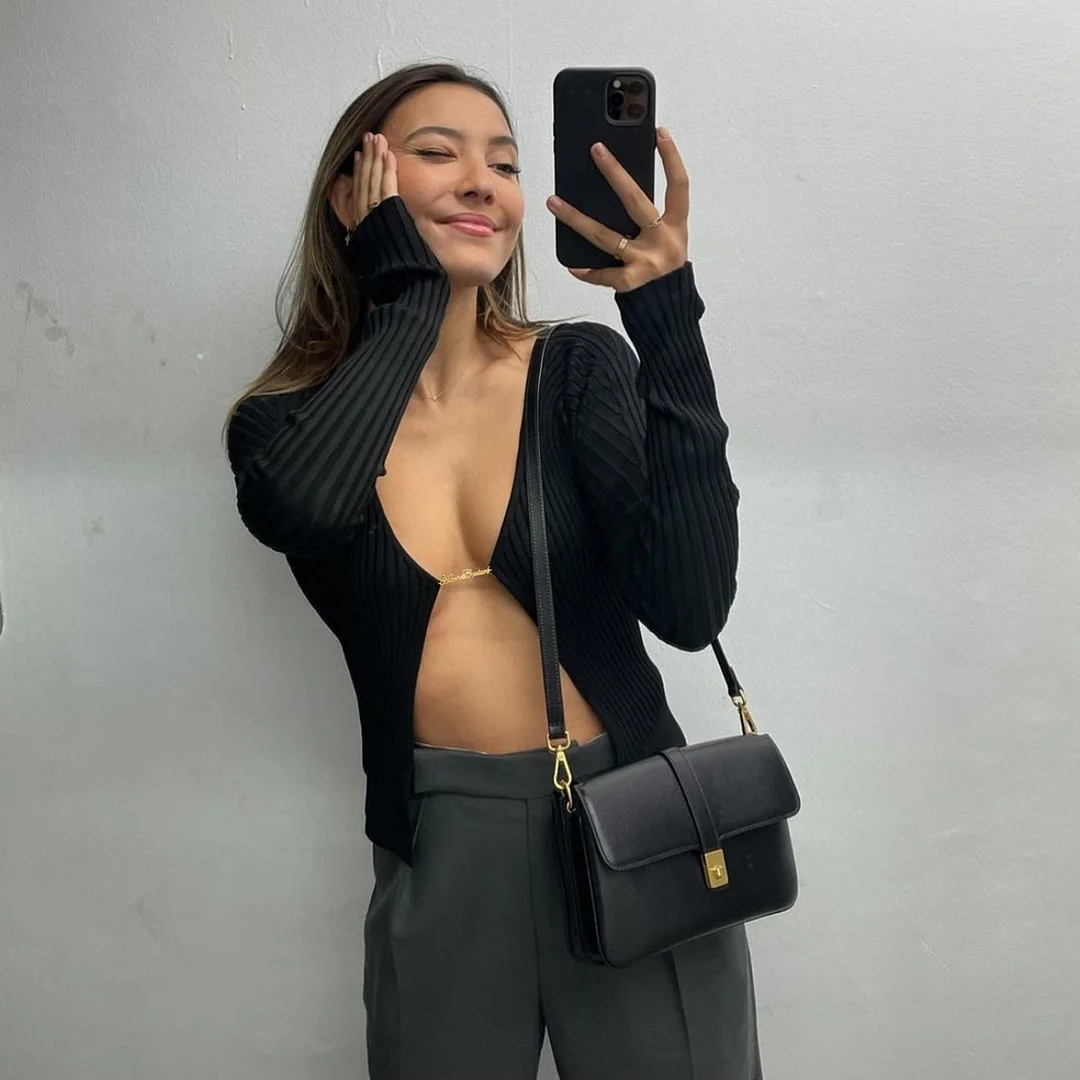 2021 Fashion Knit Tops Blouses Women Long Sleeve Metal Chain Open Front Slim Crop Tops Autumn Sexy Elegant Blouse Shirts Female